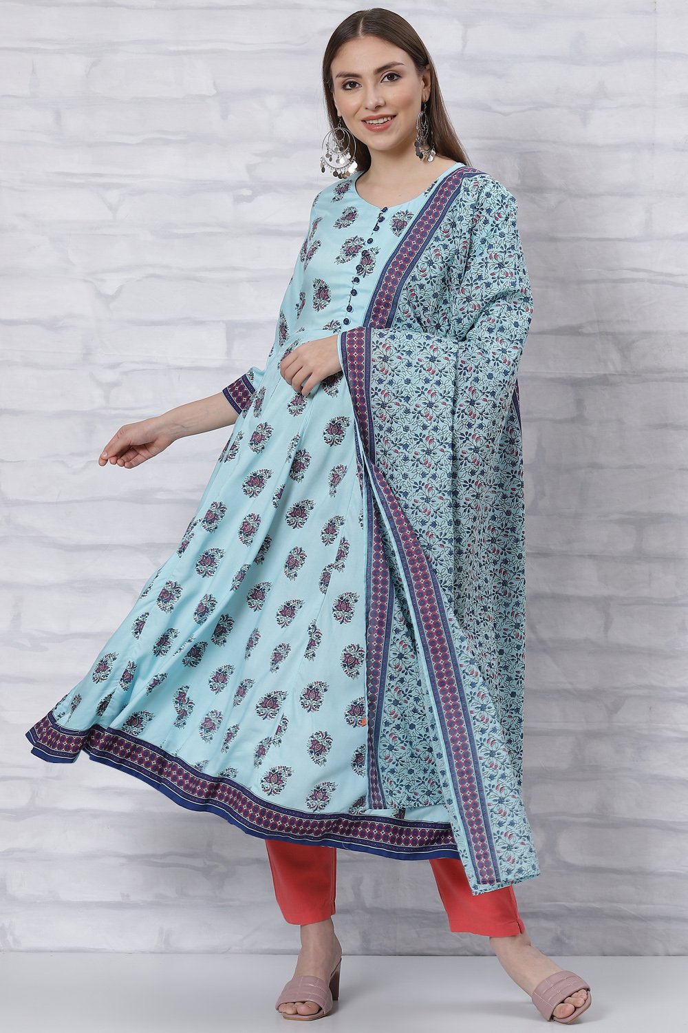 Sky Blue Kalidar Printed Suit Set image number 5
